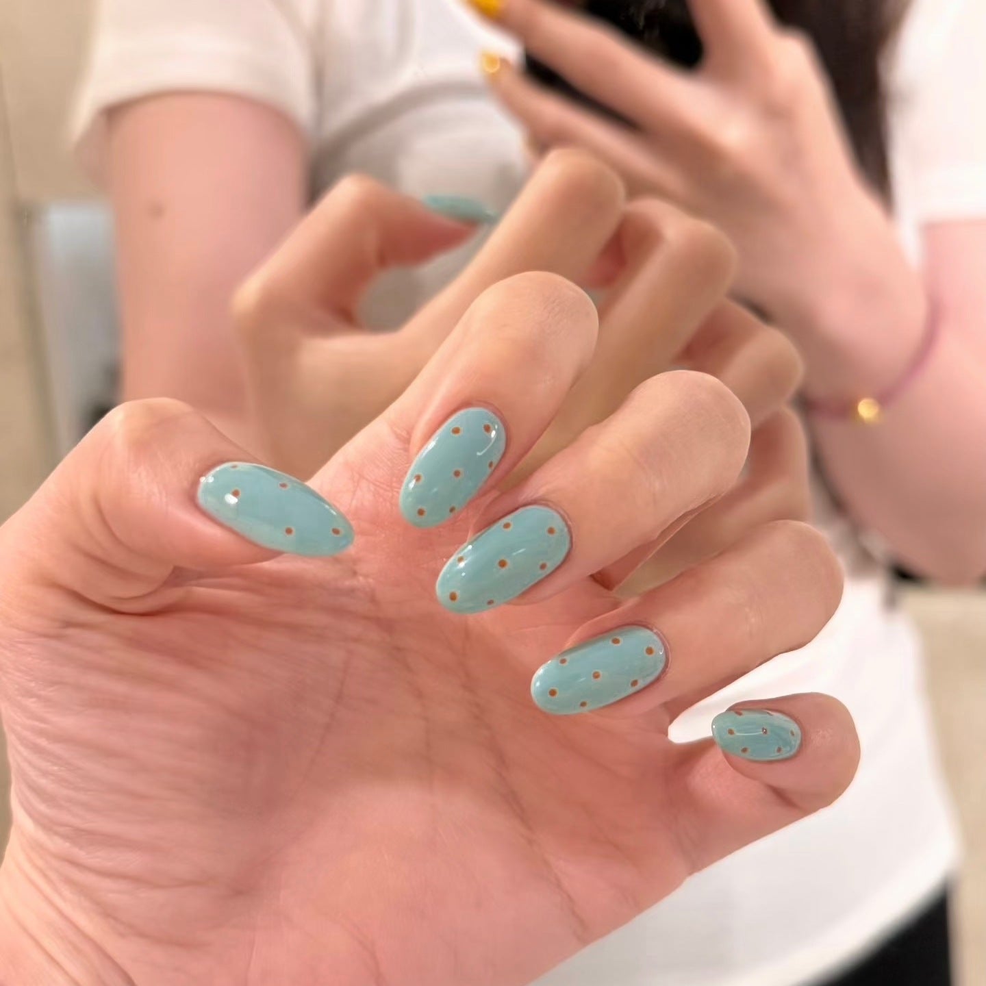 Mint Green Press On Nails | Soft Oval Nails with Caramel Brown Polka Dot Detail | Fresh Vintage Reusable Nail Set 283