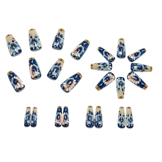 Blue Porcelain Press-On Nails Squoval Shape Chinese Floral Reusable Glue On Fake Nails Elegant Set 30