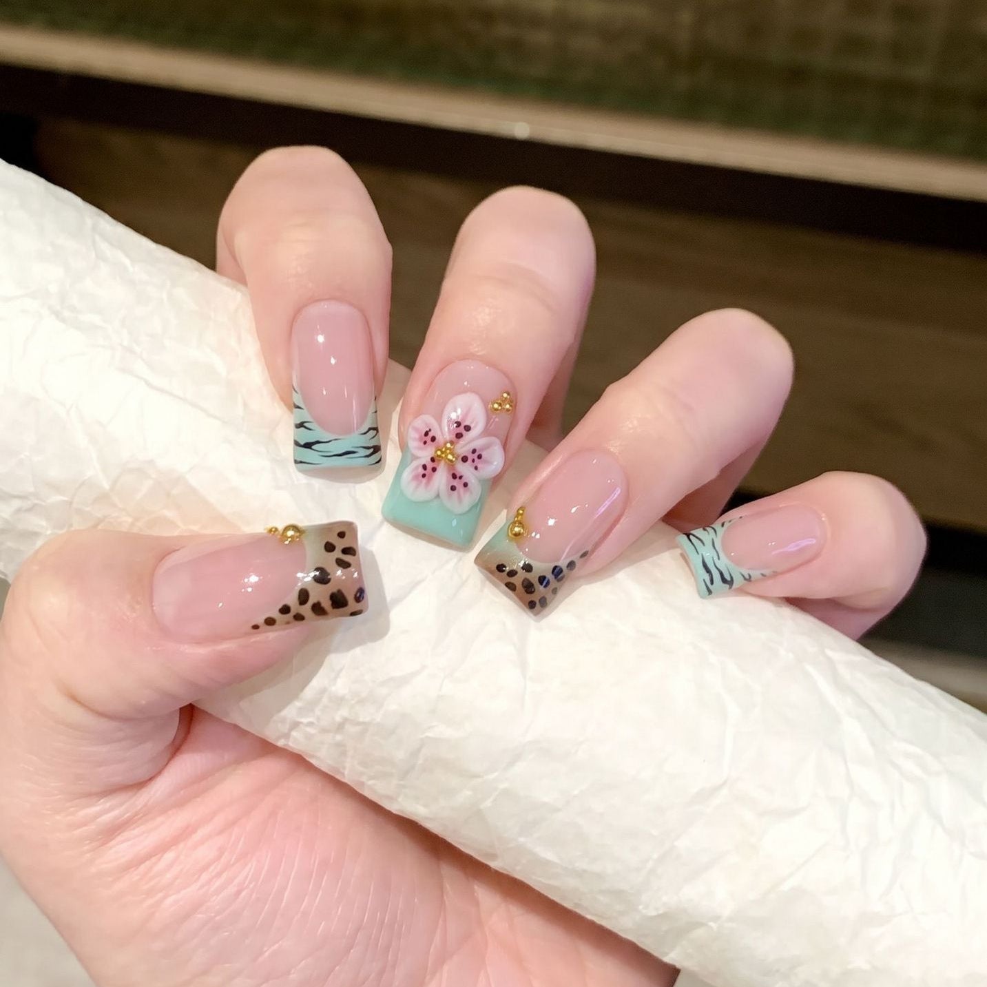 Mint Green Floral Press-On Nails – Pink Cherry Blossom & Leopard Print Almond Nails | Reusable Nail Set with Gold Charms 249