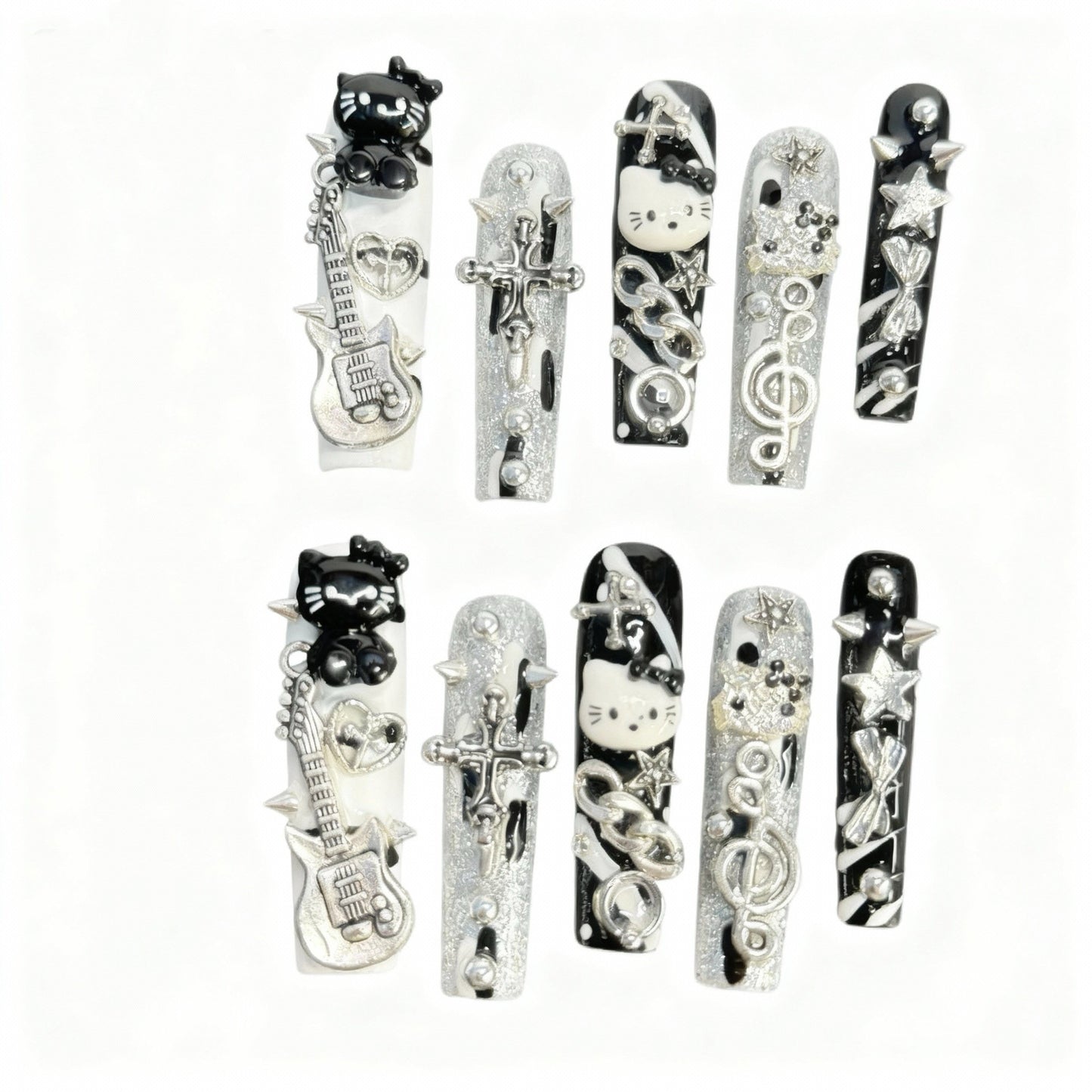 Y2K Hello Kitty Press On Nails Coffin Shape – Black Silver Rock Star Guitar Charms Punk Concert Handmade Reusable Nail Set 205