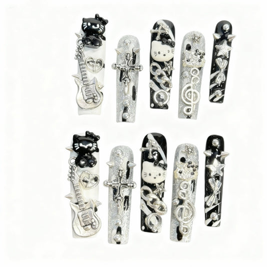 Y2K Hello Kitty Press On Nails Coffin Shape – Black Silver Rock Star Guitar Charms Punk Concert Handmade Reusable Nail Set 205