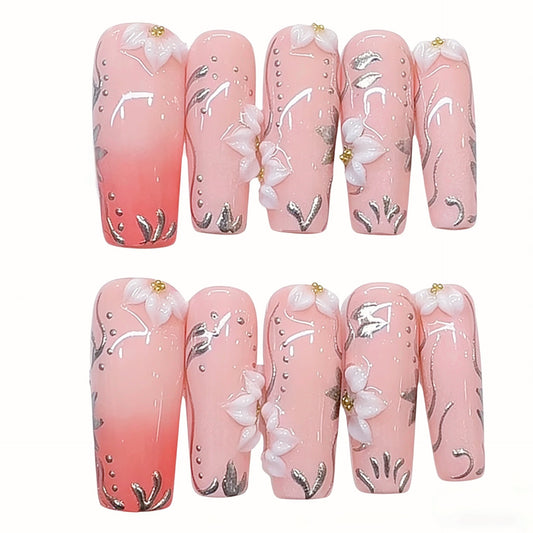 Press On Nails Lily of the Valley Nude Pink Ombre – Long Squoval Floral Fake Nails with 3D Flower Gold Foil Reusable Acrylic Set 143