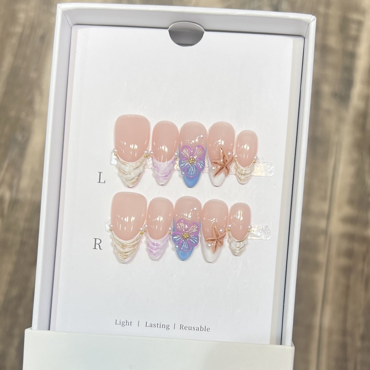 Seashell Press-On Nails – Nude Peach Coastal Short Almond Nails | 3D Seashell, Starfish & Pearl Details Reusable Nail Set 247