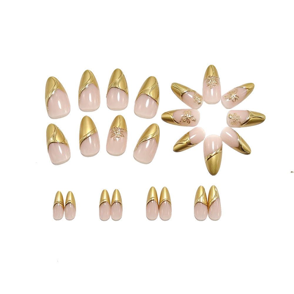 Nude Pink French Tip Press On Nails Gold Accent 3D Floral Almond Classy Bridal Reusable Nail Set 27
