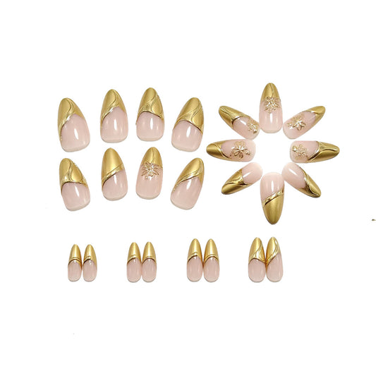 Nude Pink French Tip Press On Nails Gold Accent 3D Floral Almond Classy Bridal Reusable Nail Set 27