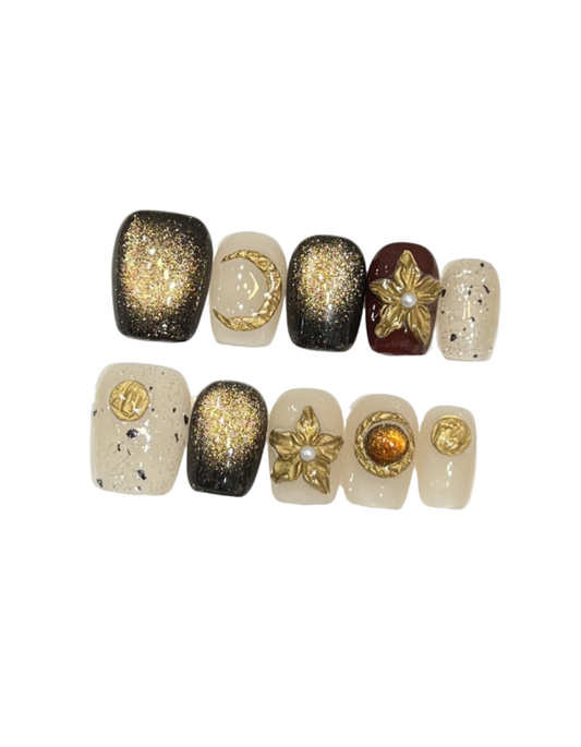 Vintage Gold Baroque Press-On Nails – Black Gold & Burgundy Short Square Nails | 3D Antique Gold Charms & Pearl Detail Reusable Nail Set 245