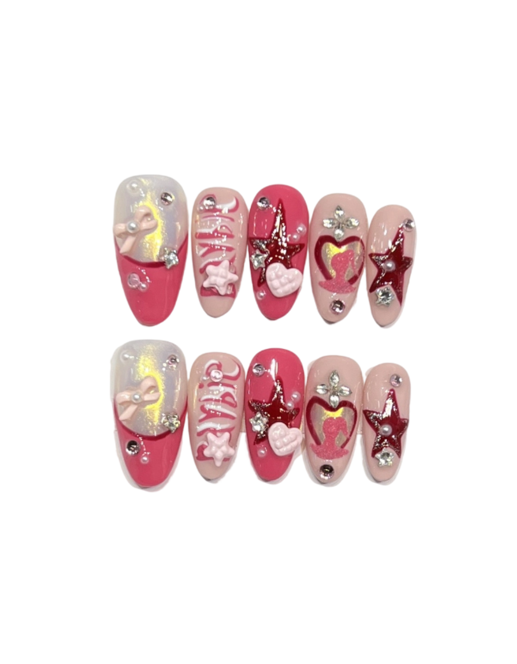 Pink Y2K Press-On Nails – 3D Bow, Heart & Star Charm Almond Press-On Nails | Rhinestone Coquette Reusable Nail Set with Aurora Shimmer Finish 243