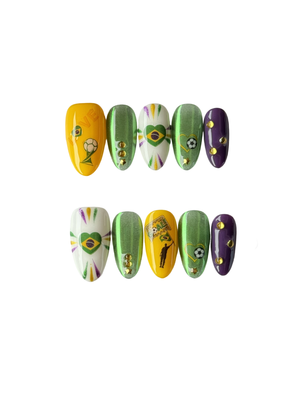 Green & Yellow Soccer Fan Press-On Nail Set – Y2K Football-Inspired Almond Reusable Press-On Nails with Rhinestone Accents | Game Day Nail Art 240