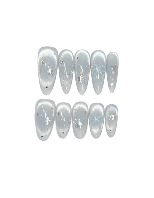 Ice Blue Cat Eye Press-On Nails – Silver Grey Magnetic Frost Bow Star Rhinestones Long Almond Handmade Luxury Reusable Nail Set 229