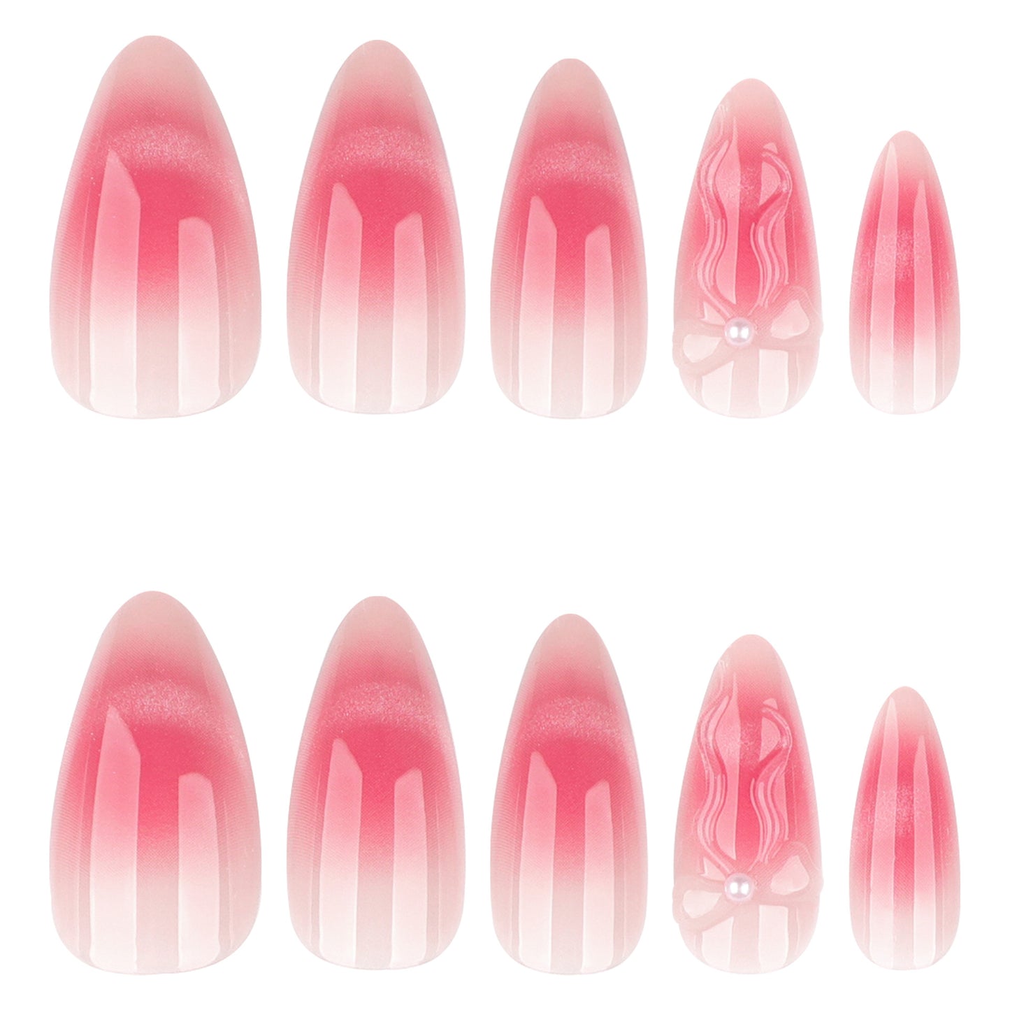 Press On Nails Pink Ombre Cat Eye Glitter Bow Pearl Balletcore Nails Long Almond Glossy Fake Nails Reusable Cute Coquette Aesthetic Nails for Women Party Wedding 75