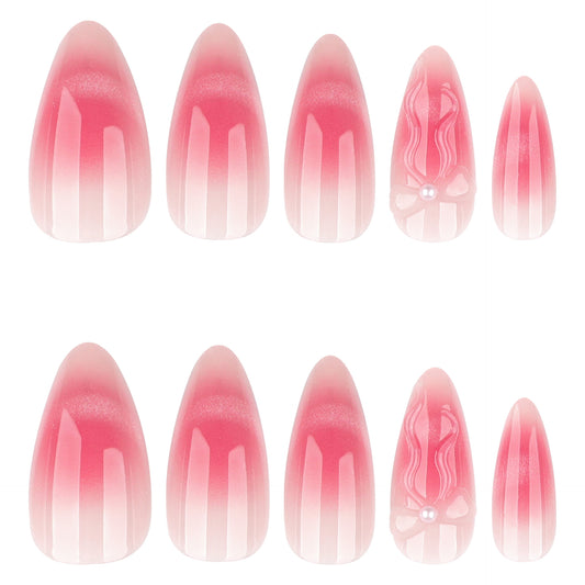 Press On Nails Pink Ombre Cat Eye Glitter Bow Pearl Balletcore Nails Long Almond Glossy Fake Nails Reusable Cute Coquette Aesthetic Nails for Women Party Wedding 75