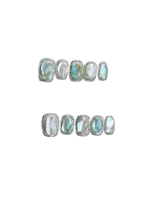 Mother of Pearl Press-On Nails – Iridescent Aurora Short Square Nails | Silver Glitter Edge Minimalist Reusable Nail Set 259