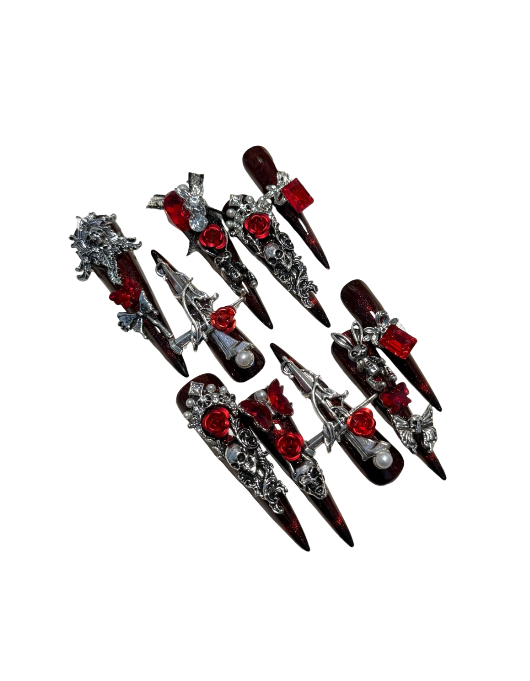 3D Gothic Press On Nails Stiletto Dark Red Vampire Nails Skull Rose Cross Charms Handmade Reusable Nail Set 204