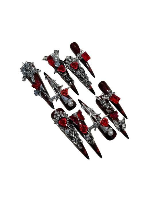 3D Gothic Press On Nails Stiletto Dark Red Vampire Nails Skull Rose Cross Charms Handmade Reusable Nail Set 204