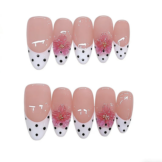 French Tip Press On Nails Nude Pink White – Almond Shape 3D Flower Polka Dot Glossy Reusable Acrylic Nails 144
