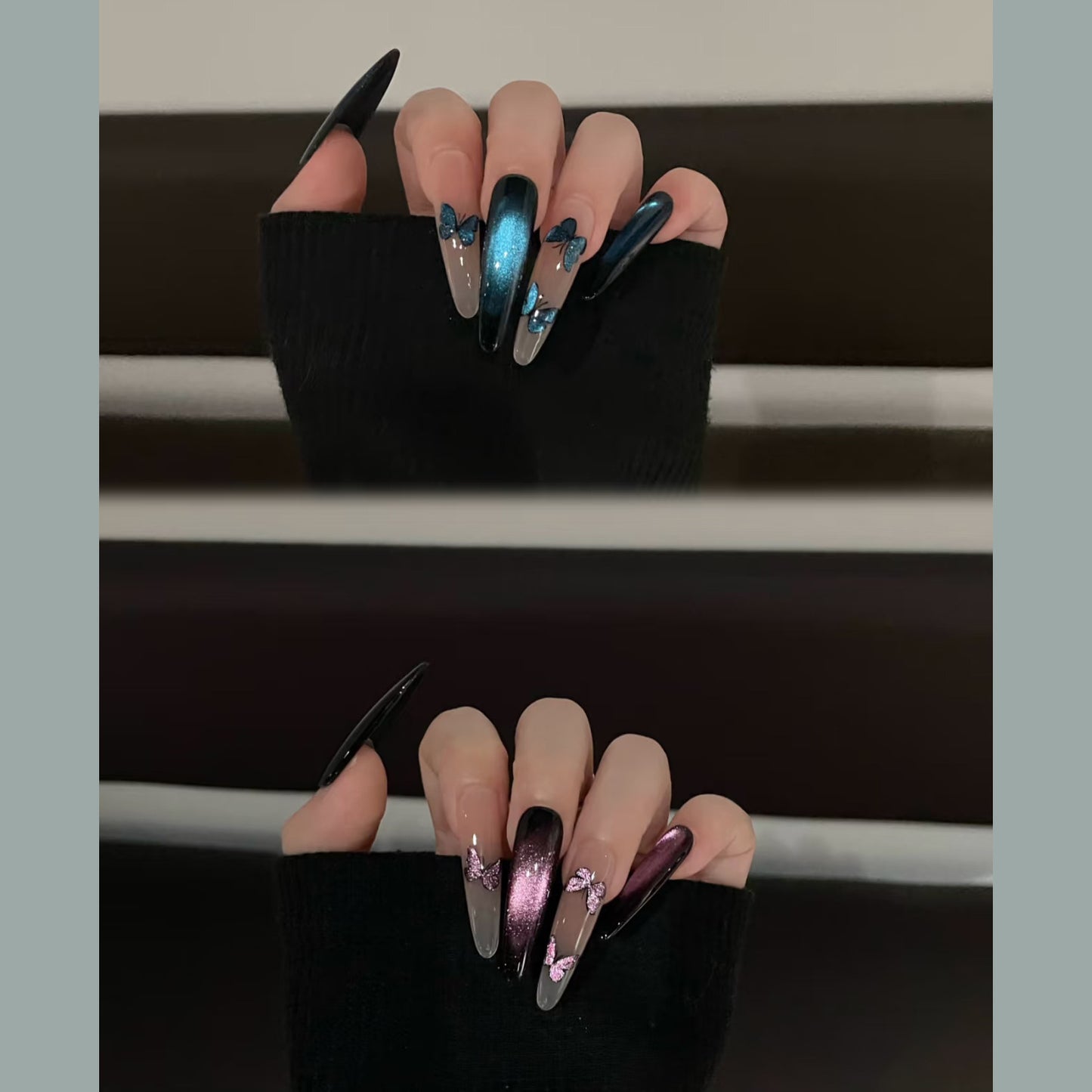 Cat Eye Butterfly Press On Nails Long Almond – Deep Purple Ocean Blue Magnetic Butterfly Handmade Dark Feminine Nail Set 215