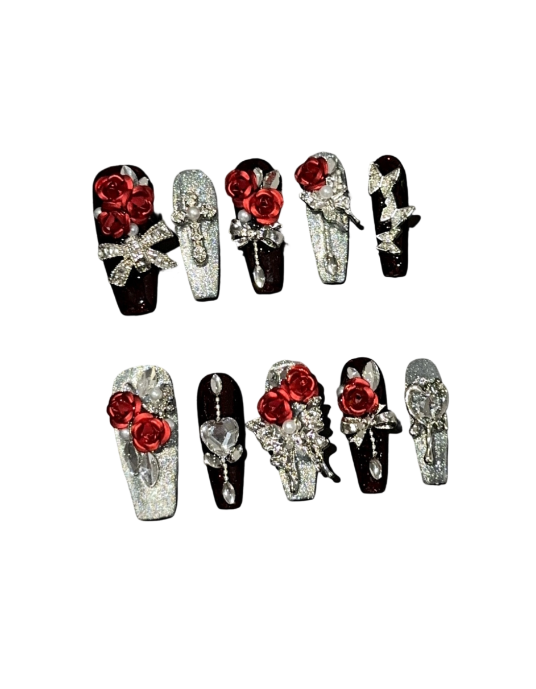 Burgundy Rose Press-On Nails – Long Coffin Nails with 3D Red Rose, Silver Cat Eye Shimmer & Crystal Embellishments | Gothic Luxury Reusable Nail Set 302