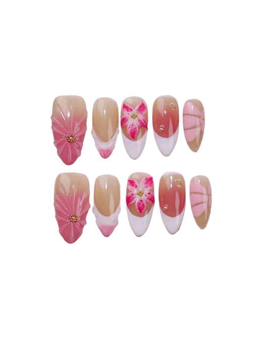 3D Pink Flower Press On Nails – Sheer Nude Almond with Pink Petals & White French Tips Handmade Reusable Bridal & Everyday Nail Set 219