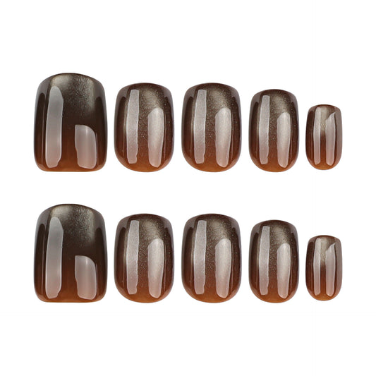 Brown Cat Eye Press On Nails Glossy Magnetic Effect Short Squoval Shape Minimal Elegant Solid Color Full Cover False Nails Kit Reusable 116