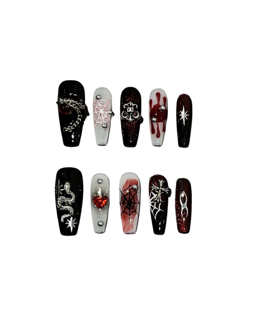 Gothic Snake & Spider Web Press On Nails Coffin Shape – Black Red Silver Blood Drip 3D Chain Charms Reusable Halloween Nail Set 206