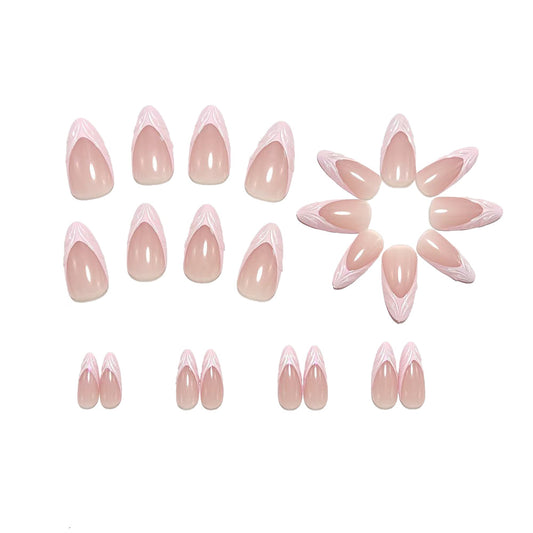 Nude Pink Press On Nails 3D French Tip Almond Classy Bridal Nails Glossy Natural Reusable Nail Set 25