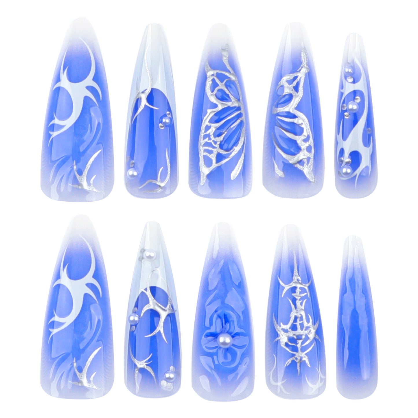 Blue Stiletto Press On Nails Extra Long – Butterfly Gothic False Nails Reusable Full Cover Set 183