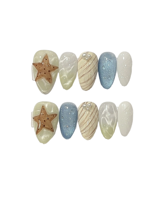 Beach Press-On Nails – 3D Starfish & Pearl Shell Almond Press-On Nails | Mermaid Aura Handmade Reusable Nail Set 237
