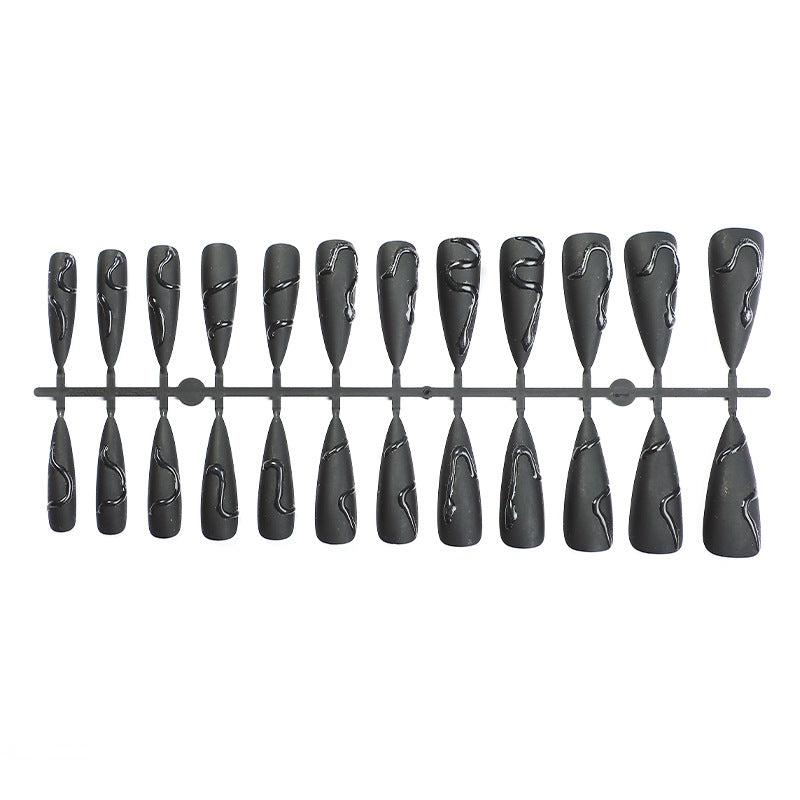 Black Matte Press On Nails Stiletto 3D Embossed Gothic Thorn Design Long Sharp Fake Nails Reusable Glue On Set 59