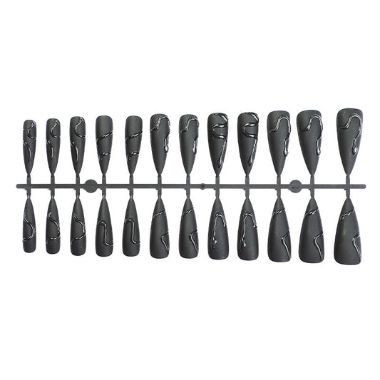 Black Matte Press On Nails Stiletto 3D Embossed Gothic Thorn Design Long Sharp Fake Nails Reusable Glue On Set 59