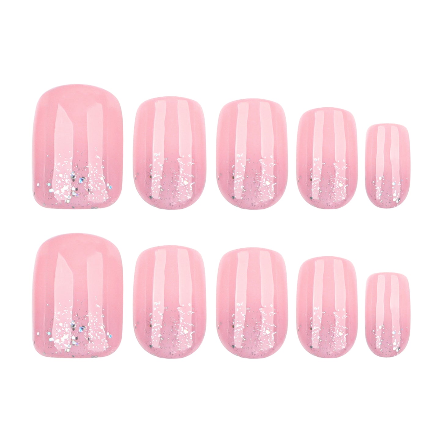 Nude Pink Press On Nails with Glitter Gradient Silver Shimmer Rhinestones Glossy Short Squoval Shape Natural Look Full Cover False Nails Kit Reusable 119