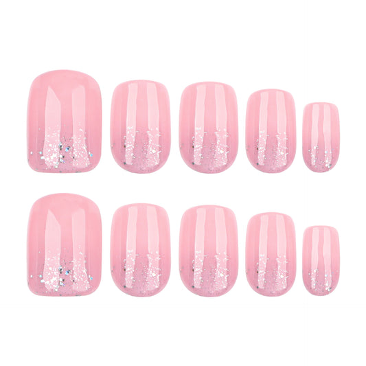 Nude Pink Press On Nails with Glitter Gradient Silver Shimmer Rhinestones Glossy Short Squoval Shape Natural Look Full Cover False Nails Kit Reusable 119