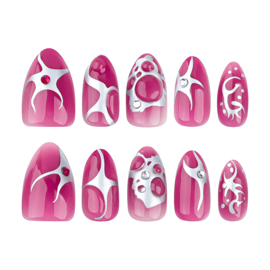 Hot Pink Press On Nails Almond – Silver Thorn Gothic False Nails Reusable Nail Set 184