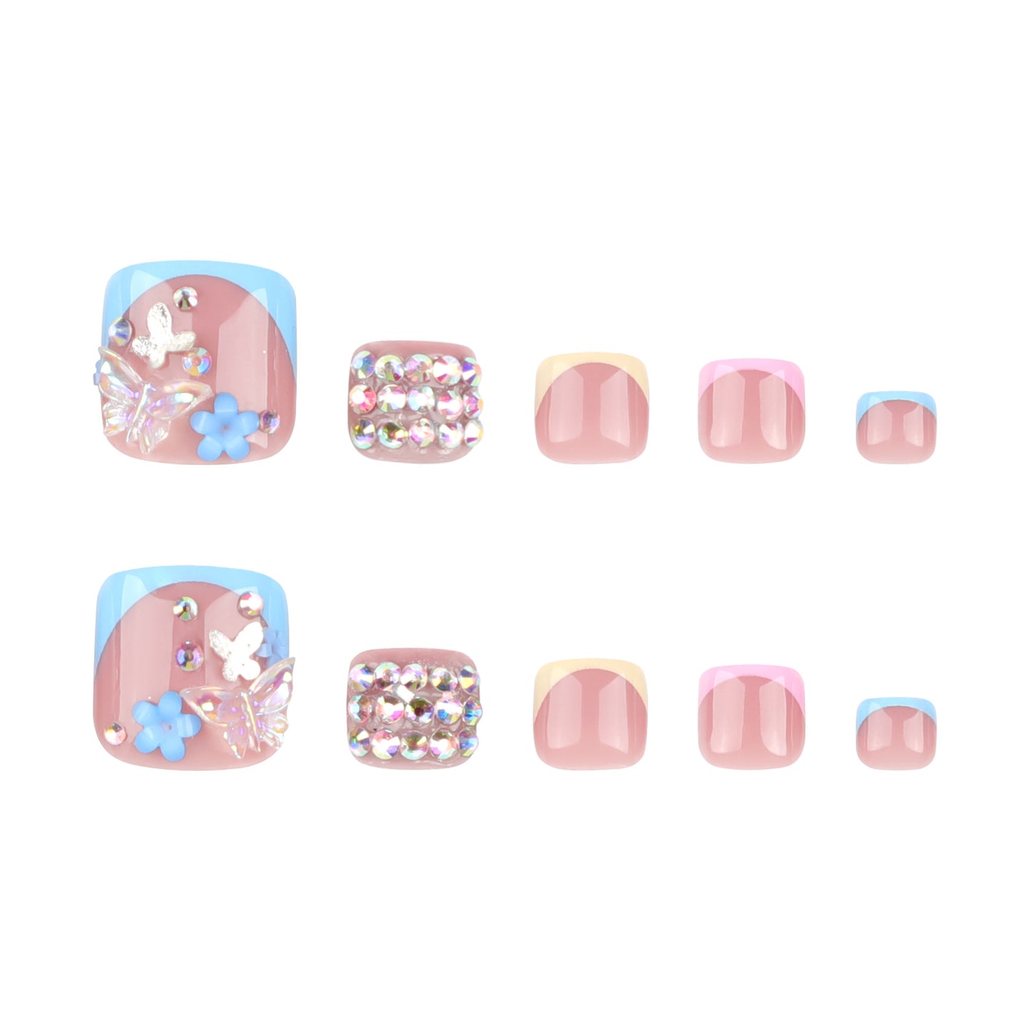 Colorful French Tip Press On Toenails Nude Pink Blue Yellow Short Squoval Glossy 3D Butterfly Flower Rhinestone Full Cover Fake Toenails Reusable Pedicure Nails Kit 149