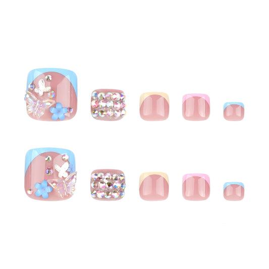 Colorful French Tip Press On Toenails Nude Pink Blue Yellow Short Squoval Glossy 3D Butterfly Flower Rhinestone Full Cover Fake Toenails Reusable Pedicure Nails Kit 149