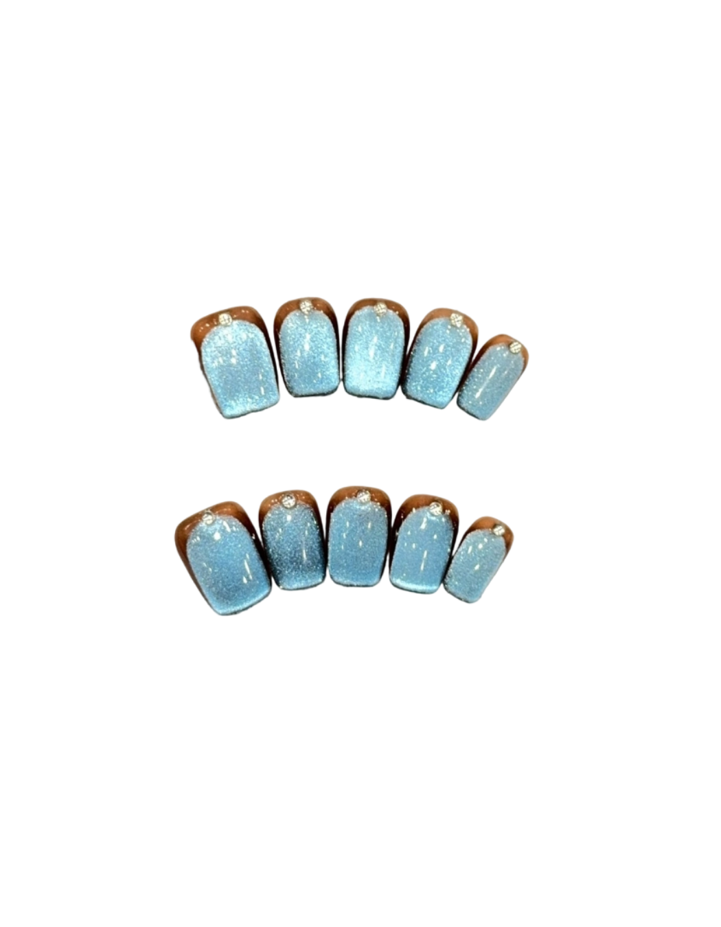 Blue Cat Eye Press-On Nails – Icy Blue Squoval Nails with Caramel Brown French Tip & Rhine 287