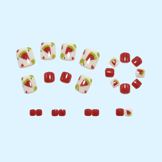 Watermelon Press-On Nails Short Square Round Cute Fruit Design Reusable Glue On Fake Nails Summer Set 35