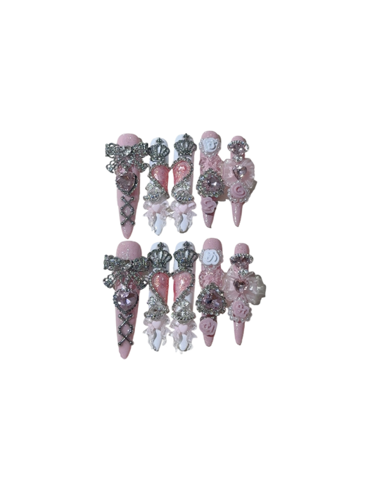 Luxury Pink Crown & Butterfly Press-On Nails | 3D Crystal Crown, Heart & Flower Charms | Handmade Long Stiletto Nail Art for Quinceañera, Prom & Pageant Glam 213