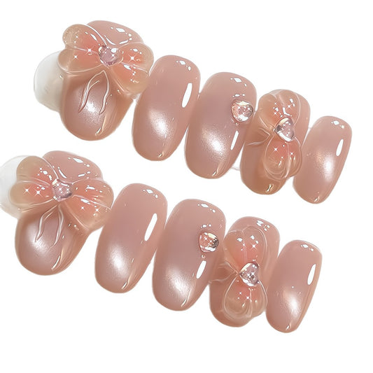Nude Peach Press On Nails – Round with Cat Eye, 3D Flower Heart & Rhinestone Design Reusable Full Cover Set 171