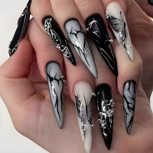 Gothic Press On Nails Black White Ombre Stiletto Butterfly Rhinestone Long Reusable 19