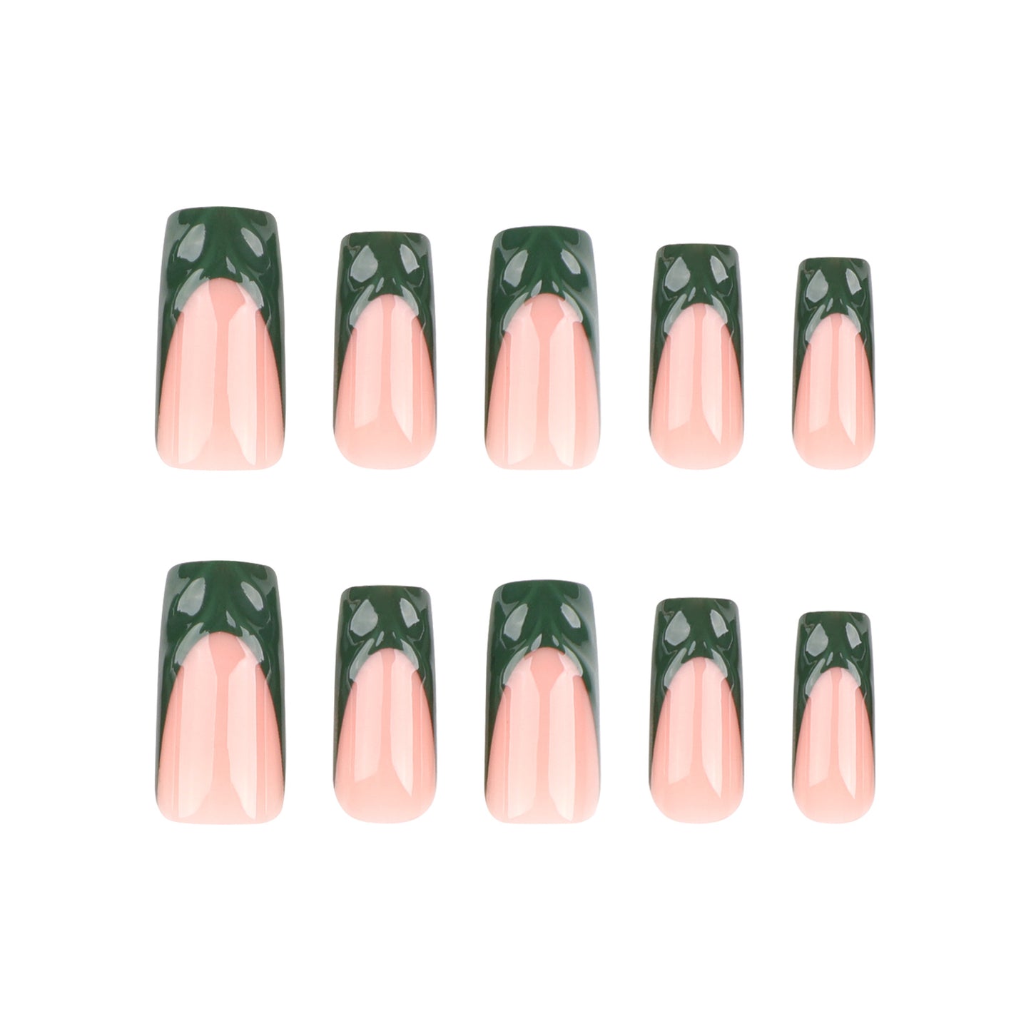 French Tip Press-On Nails Nude Pink Green Almond Long 3D Texture Reusable Glue On Fake Nails Elegant Set 39