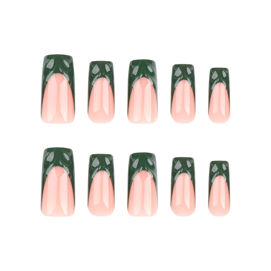 French Tip Press-On Nails Nude Pink Green Almond Long 3D Texture Reusable Glue On Fake Nails Elegant Set 39