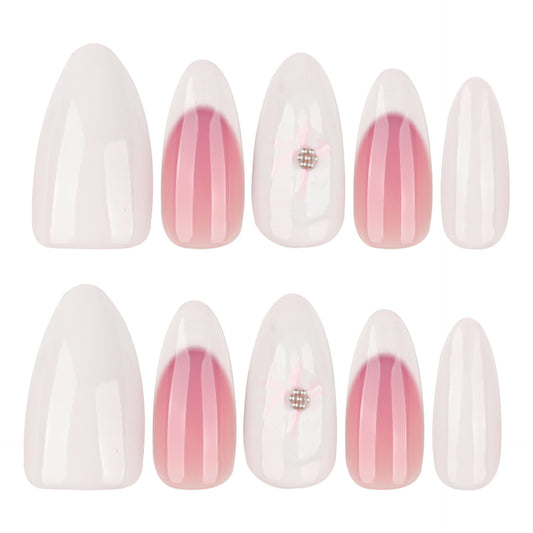 Blush Pink Ombre Press On Nails Nude White Gradient Almond Shape Glossy Minimal Design with Gold Beads Reusable Full Cover False Nails Kit Elegant Everyday Nails 99