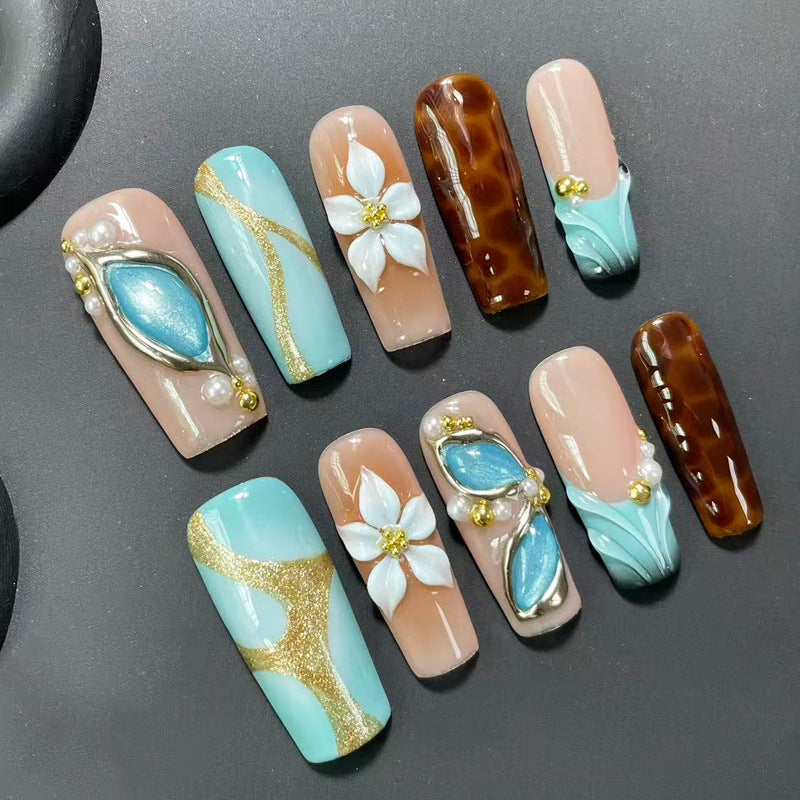 Mint Jade Press On Nails | Square Nails with 3D Flowers, Tortoiseshell & Gold Jewelry Details | Reusable Botanical Nail Set 332