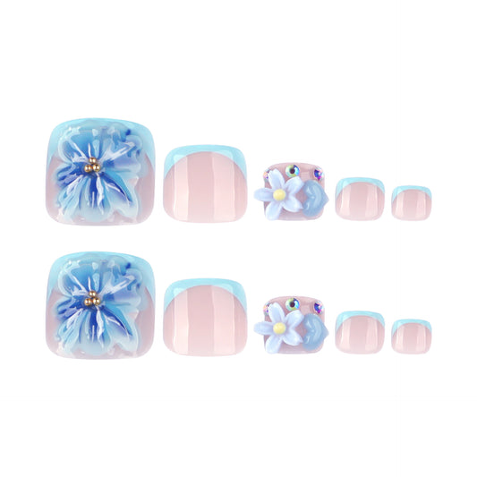 Press On Toenails Blue Flower French Tip Toe Nails Nude Pink Short Square Glossy Fake Toenails Summer Beach Floral Pedicure Nails Reusable Full Cover Stick On Nails for Women Vacation 78