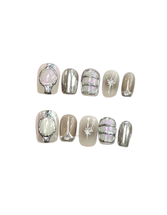 Silver Frame Press On Nails Short Squoval – 3D Metal Borders Starburst Charms Rhinestone Y2K Futuristic Reusable Nail Set 221