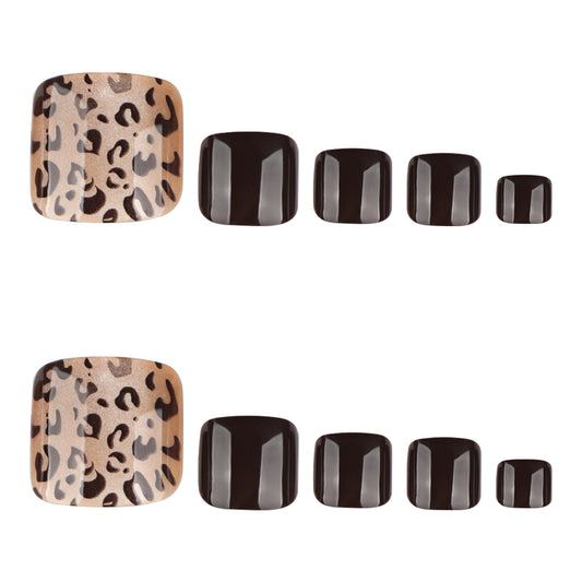Leopard Print Press On Toenails with Black Glossy Solid Color Nude Gold Base Short Squoval Shape Full Cover False Toe Nails Kit Reusable Pedicure 118