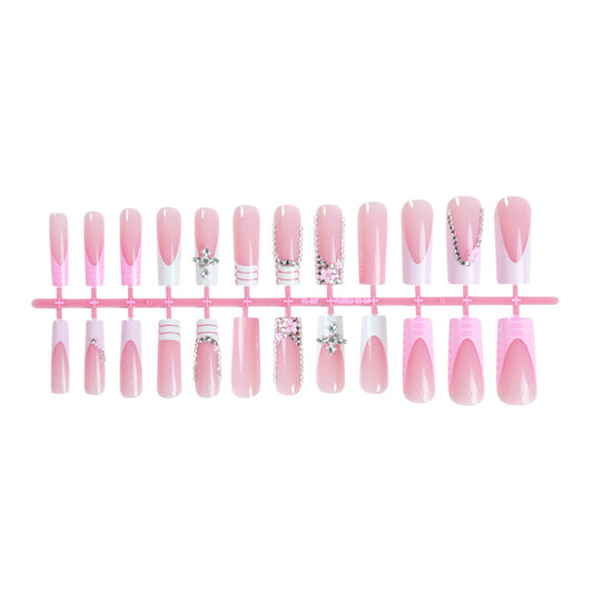 Press On Nails French Tip Nude Pink Rhinestone Star Flower Design Glossy Fake Nails Reusable Cute Luxury Nail Set 71