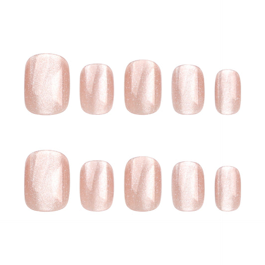Nude Pink Cat Eye Press On Nails – Short Squoval Minimalist Pearl Shine, Elegant Glossy Sheer Reusable Set 159
