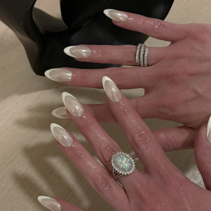 Press On Nails French Tip Pearl White Glossy Nude Nails Natural Clean Girl Aesthetic Fake Nails Reusable Short Almond Coffin Bridal Wedding Simple Elegant Nails for Women 74