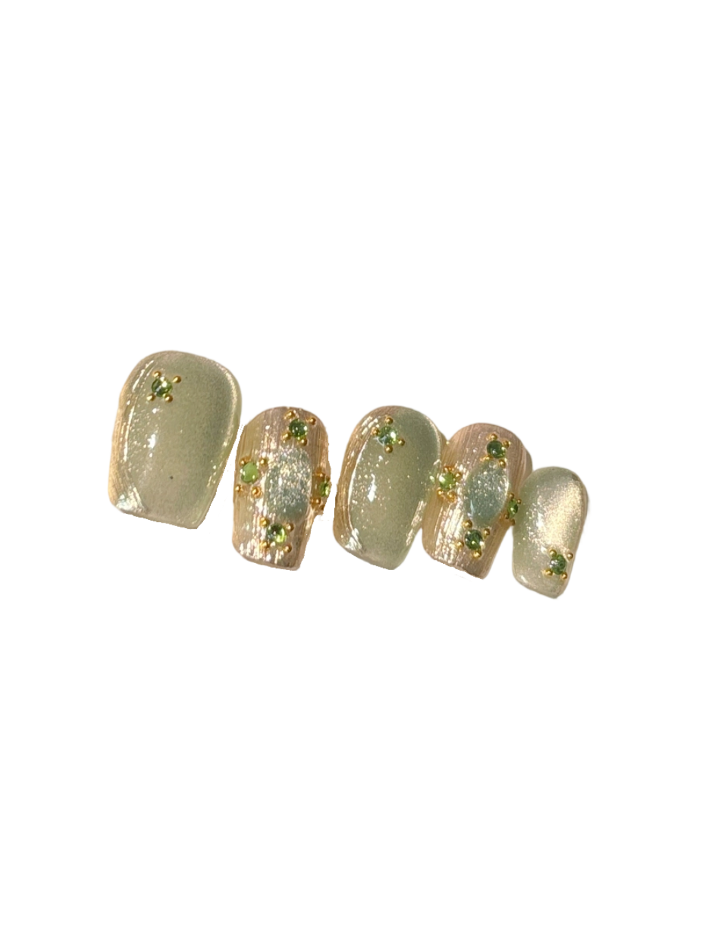 Olive Green Cat Eye Press-On Nails – Emerald Gold Short Square Nails | Crystal Detail Reusable Nail Set 264